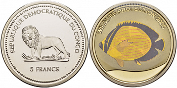 Конго 5 франков 2005 защита дикой природы, рыба бабочка, галограмма KM 179 медно-никель BUNC 04-136-34