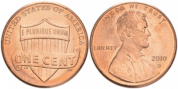 США 1 ЦЕНТ 2010 D, ЛИНКОЛЬН, ЩИТ СОДРУЖЕСТВА KM 468 цинк плакированный медью UNC M32-10