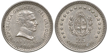 Уругвай 25 сентесимо 1960 KM 40 медно-никель 4169-816