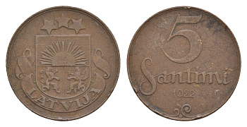 Латвия 5 сантимов 1922 KM 3 бронза 4658-1159