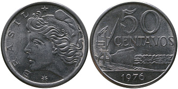Бразилия 50 сентаво 1976 KM 580b, Schon 85b нержавеющая сталь aUNC 4577-1227