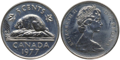 Канада 5 центов 1977 Елизавета II (1952-2022), бобр KM 60.1 никель PROOFLIKE 181-313