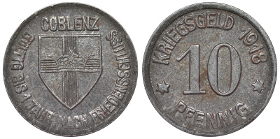 Германия, Кобленц 10 пфеннигов 1918 Рейнлянд-Пфальц, нотгельд железо 4119-1023