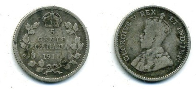 КАНАДА 5 ЦЕНТОВ 1911 ГЕОРГ V серебро 46-414