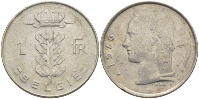 Бельгия 1 франк 1976 Belgie, Бодуэн I (1951-1993) KM 143.1 медно-никель 119-641