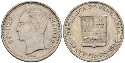Венесуэла 50 сентимо 1965 Симон Боливар KM 41, Schon 51 никель 4116-336
