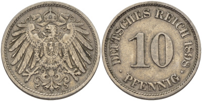 ГЕРМАНИЯ 10 ПФЕННИГОВ 1898 A KM 12, J. 13 медно-никель 28-434