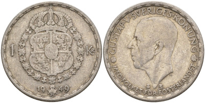 Швеция 1 крона 1949 TS, Густав VI Адольф (1950-1973) KM 814 серебро 4148-1114