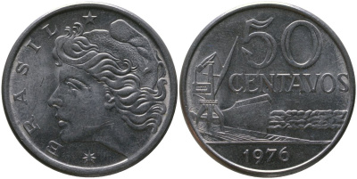 Бразилия 50 сентаво 1976 KM 580b, Schon 85b нержавеющая сталь aUNC 4577-1227