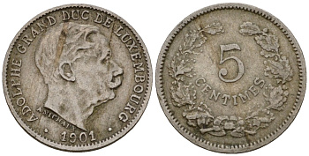 Люксембург 5 сантимов 1901 герцог Адольф (1890-1905) KM 24 медно-никель 4602-328