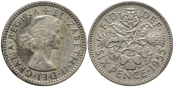 Великобритания 6 пенсов 1955 Елизавета II (1952-2022) KM 903, Spink 4149 медно-никель 4567-468