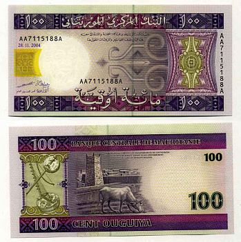 Мавритания 100 угуйя 2004 корова, мечеть Великой пятницы в Чингетти, 28 ноября 2004 Pick 10 a бумага UNC (пресс) 8589-43-3-1