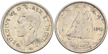 Канада 10 центов 1945 Георг VI (1937-1952), парусник KM 34 серебро 4147-412