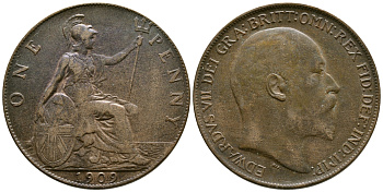 Великобритания 1 пенни 1909 Эдуард VII (1901-1910) KM 794.2, Spink 3990 бронза 37-631