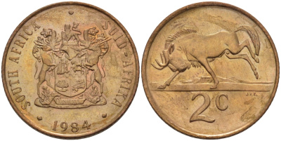 ЮАР 2 цента 1984 герб, антилопа гну KM 83 бронза UNC 67-345