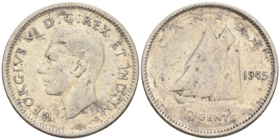 Канада 10 центов 1945 Георг VI (1937-1952), парусник KM 34 серебро 4147-412