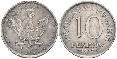 ПОЛЬША 10 ФЕНИГОВ 1917 FF, ПЕРВАЯ МИРОВАЯ ВОЙНА, НЕМЕЦКАЯ ОККУПАЦИЯ, ЛЕГЕНДА НЕ КАСАЕТСЯ КРАЯ KM 6 железо 63-841