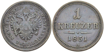 Австрия 1 крейцер 1851 A, Франц Иосиф I (1848-1916) KM 2185 медь 202-151