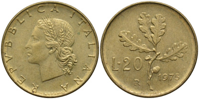 Италия 20 лир 1975 R, дубовая ветвь KM 97.2 алюминиевая бронза 4171-924