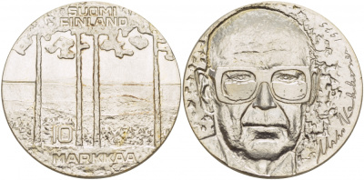 Финляндия 10 марок 1975 S-H, 75 лет президенту Урхо Кекконену KM 54 серебро UNC 1515-1534