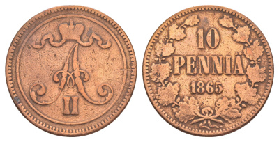 Россия для Финляндии 10 пенни 1865 Александр II (1855-1881) Биткин 651 медь 4653-333