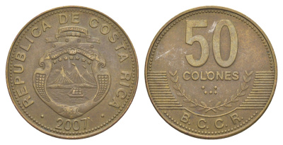 Коста-Рика 50 колонов 2007 KM 231.1b сталь плакированная латунью 4631-321