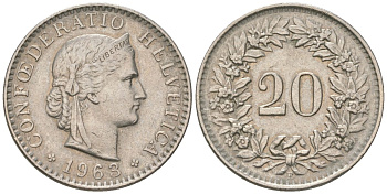 Швейцария 20 раппенов 1963 B KM 29a медно-никель 220-1243