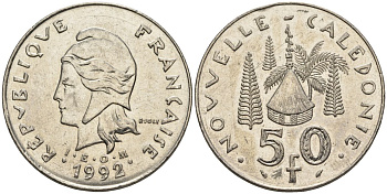 Французская Новая Каледония 50 франков 1992 хижина среди сосен и пальм, (IEOM) KM 13, Schoen 15, Lec 121 никель 4123-316