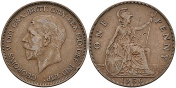 Великобритания 1 пенни 1936 Георг V (1910-1936) KM 838, Spink 4055 бронза 3333-1222