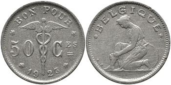 БЕЛЬГИЯ 50 САНТИМОВ 1923 BELGIQUE KM 87 никель 4385-635