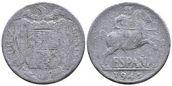 ИСПАНИЯ 10 СЕНТИМО 1945 РЫЦАРЬ НА КОНЕ KM 766 алюминий 4110-1411