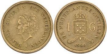 Нидерландские Антилы 1 гульден 1990 Беатрикс (1980-2013) KM 37 позолоченная сталь 210-532