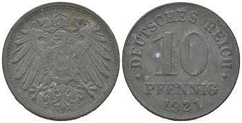 Германия 10 пфеннигов 1921 KM 26, J. 299 цинк 4615-755