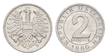 Австрия 2 гроша 1980 KM 2876 алюминий aUNC 4564-926