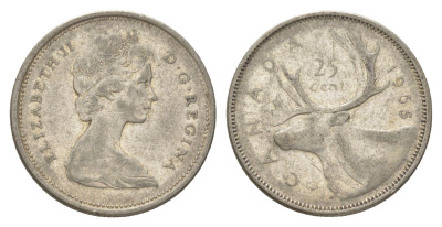 Канада 25 центов 1965 Елизавета II (1952-2022), олень KM 62 серебро 4622-851