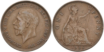 Великобритания 1 пенни 1936 Георг V (1910-1936) KM 838, Spink 4055 бронза 3333-1222