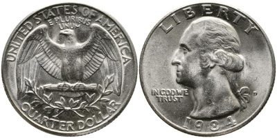 США 25 центов (квотер) 1984 D, Вашингтон KM А164а медь плакированная медно-никелем 3336-652