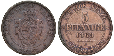 Саксония 5 пфеннигов 1863 В, Йоханн (1854-1873) KM 1218 медь 51-2414
