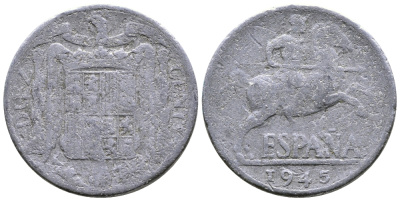 ИСПАНИЯ 10 СЕНТИМО 1945 РЫЦАРЬ НА КОНЕ KM 766 алюминий 4110-1411