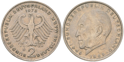 ФРГ 2 марки 1975 D, Конрад Аденауэр, 20 лет Федеративной Республике KM 124 медно-никель 4565-915