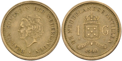 Нидерландские Антилы 1 гульден 1990 Беатрикс (1980-2013) KM 37 позолоченная сталь 210-532