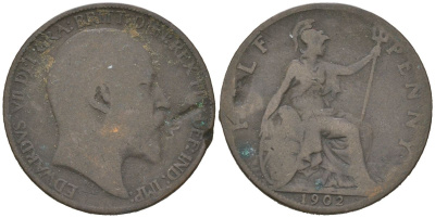 Великобритания 1/2 пенни 1902 Эдуард VII (1901-1910) KM 793.2, Spink 3991 бронза 4616-712
