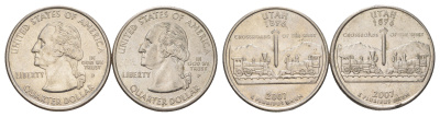 США набор обоих монетных дворов 25 центов (квотер, 1/4 доллара) 2007 D и P, Квотер штата Юта KM 400 медь плакированный медно-никелем UNC 4629-151-152