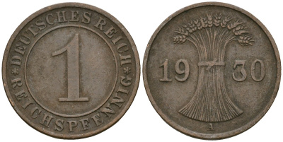 Германия 1 рейхспфенниг 1930 A KM 37, J. 313 бронза 4189-1129