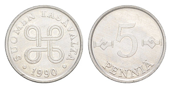 Финляндия 5 пенни 1990 KM 45a алюминий UNC 4647-323