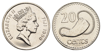 Фиджи 20 центов 1990 KM 53a цинк плакированная никелем UNC 4634-816