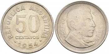 Аргентина 50 сентаво 1954 генерал Хосе де Сан Мартин KM 49 сталь плакированная никелем 68-554