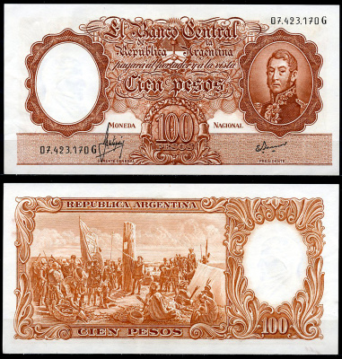 Аргентина 100 песо ND (1967-1969) Генерал Сан Мартин, картина "Основание Буэнос-Айреса", без Ley Pick 277 (2)  бумага  аUNC  444-139-3-2