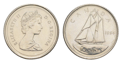 Канада 10 центов 1984 Елизавета II (1952-2022), парусник KM 77 никель PROOF-LIKE (BU) 4630-1019