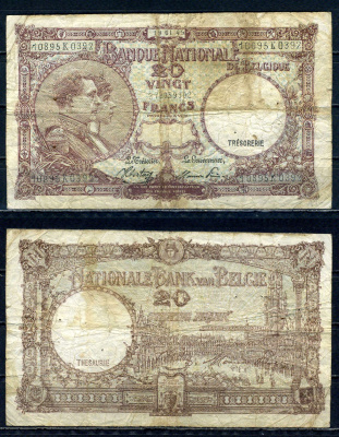 Бельгия 20 франков 1945 19.01.1945, Король Альберт I и его жена Королева Елизавета, Гран-Плас / Гроте Маркт, Брюссель Pick 111 (3) бумага 6301-12-3-2